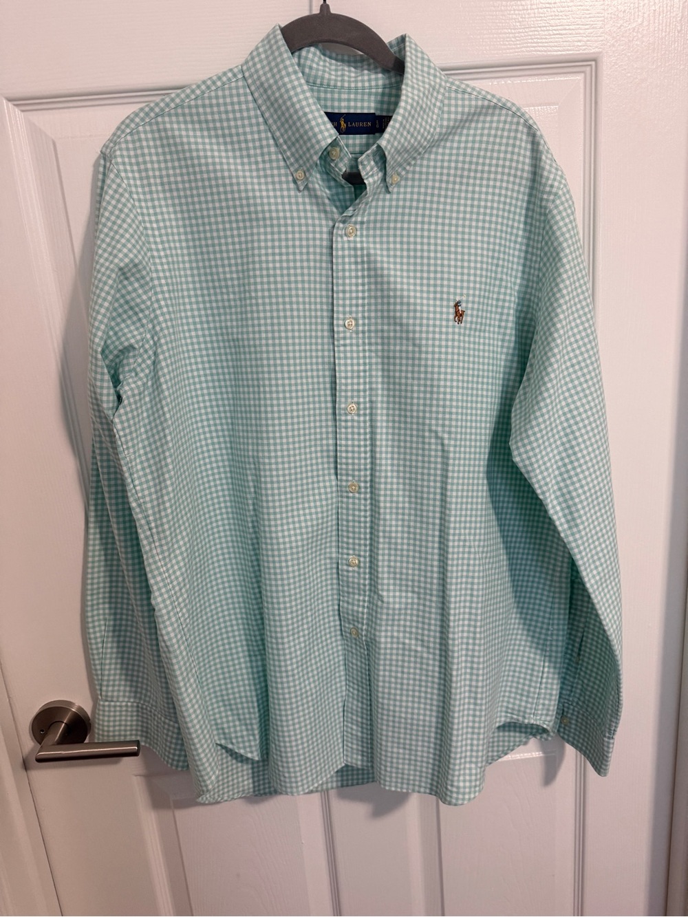 Ralph Lauren Men’s L Mint Green White Gingham Cotton Button Down Shirt Pony